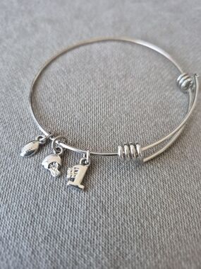 Silver Tone Football Charm Bangle Bracelet - Number 1